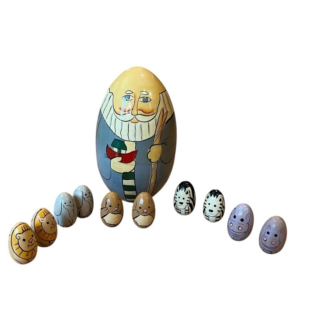 Vintage Terry's Village Hand Painted Noah's Ark Nesting Doll W/ 10 Egg Animals